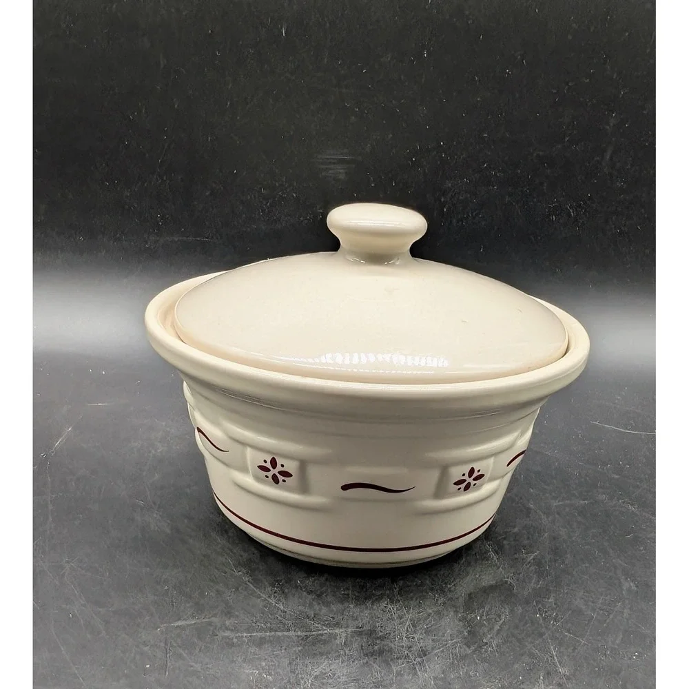 Longaberger Pottery Woven Traditions Ivory Burgundy Covered Casserole Dish USA